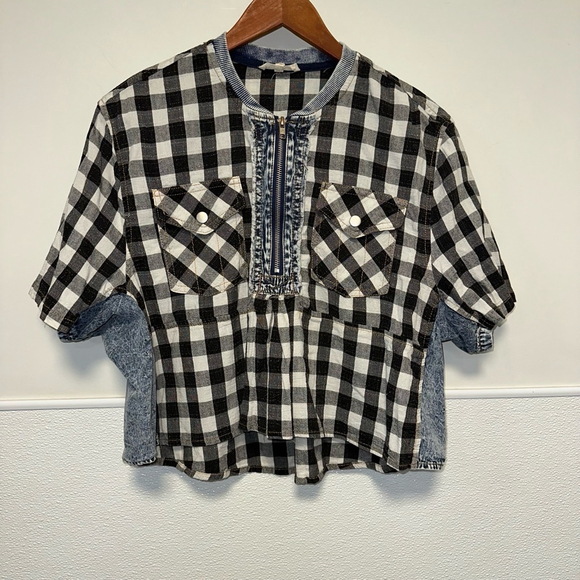 Promesa Tops - Women's Promesa Shirt, S, Black and White gingham cropped zipper denim pockets